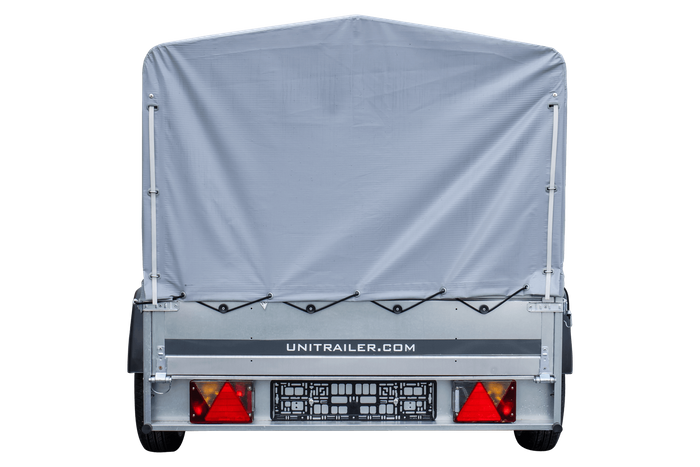 Enkelassige aanhanger 230x125 UNITRAILER GARDEN 230 KIPP met H-800 frame en grijze afdekking