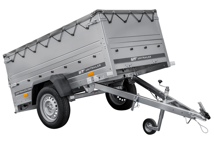Enkelassige aanhanger 200x106 UNITRAILER GARDEN 200 KIPP met BIS-zijwanden, H-0 frame en grijze afdekking