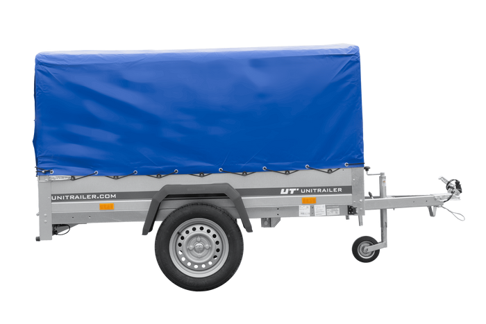 Lichte aanhanger 200x125 UNITRAILER GARDEN 201 KIPP met H-800 frame en blauw dekzeil