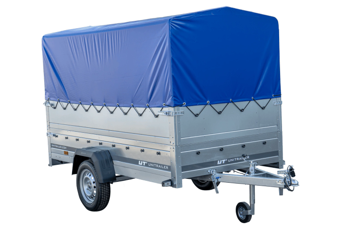 Autoaanhangwagen op veren 264x125 UNITRAILER GARDEN 264/R KIPP met BIS zijwanden, H-800 frame en blauwe afdekking