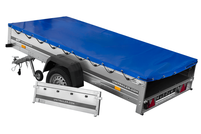 Enkelassige aanhanger 264x125 UNITRAILER GARDEN 264 KIPP met blauw dekzeil