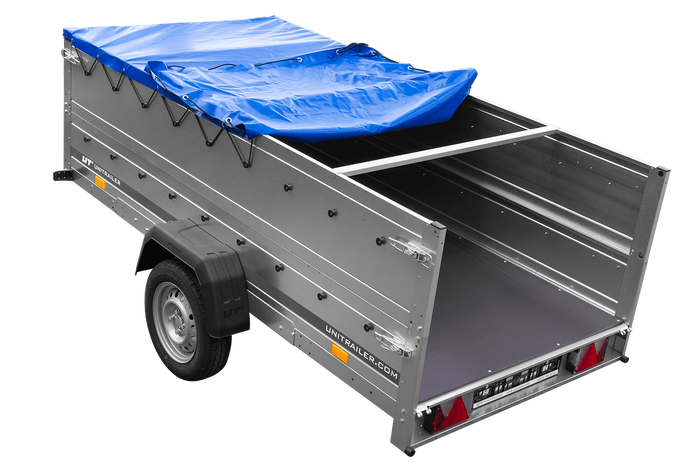 Enkelassige aanhangwagen op veren 264x125 UNITRAILER GARDEN 264/R KIPP met BIS zijwanden, H-0 frame en blauw dekzeil