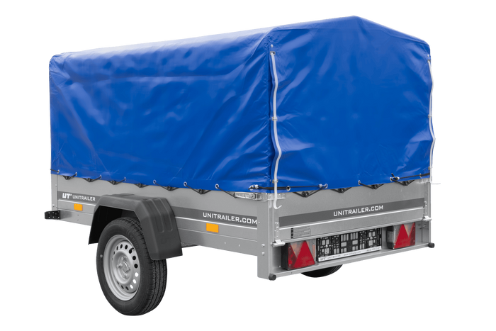 Lichte aanhanger 200x125 UNITRAILER GARDEN 201 KIPP met H-800 frame en blauw dekzeil