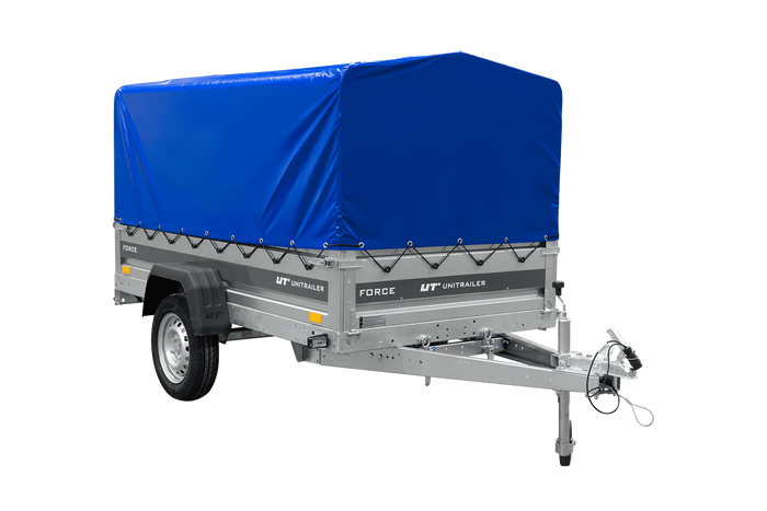 Enkelassige aanhanger 230x125 UNITRAILER FORCE 230 KIPP met H-800 frame en blauwe afdekking