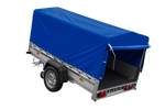 Enkelassige aanhanger op veren met aluminium zijwanden 230x125 Unitrailer Garden 230/R KIPP ALU met H-800 frame en blauwe afdekking
