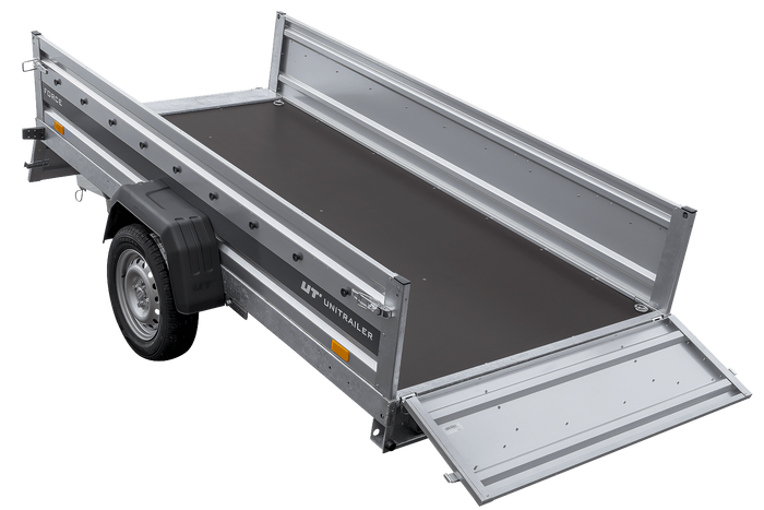 Enkelassige aanhanger op veren 264x125 UNITRAILER FORCE 264/R KIPP met H-1100 frame en blauwe afdekking