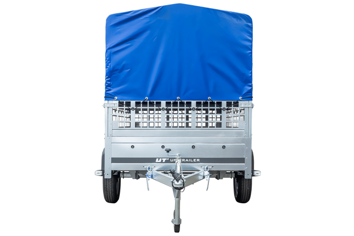 Enkelassige aanhanger 230x125 UNITRAILER GARDEN 230 KIPP met gaaswanden, H-800 frame en blauw dekzeil
