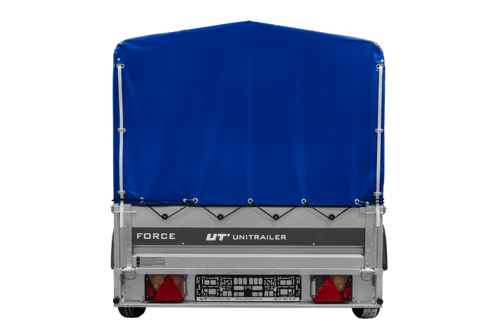 Autotransportaanhanger op veren 230x125 UNITRAILER FORCE 230/R KIPP met H-800 frame en blauwe afdekking