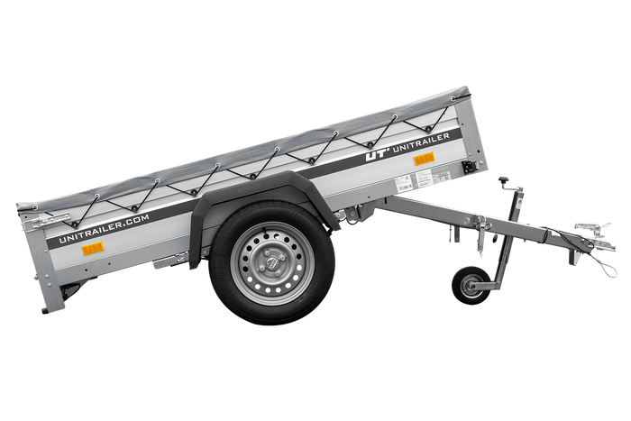 Enkelassige aanhanger op veren met aluminium zijwanden 200x125 Unitrailer Garden 201/R KIPP ALU met H-0 frame en grijze afdekking