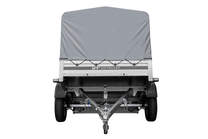 Autoaanhanger op veren met aluminium zijwanden 200x125 Unitrailer Garden 201/R KIPP ALU met H-800 frame en grijze afdekking