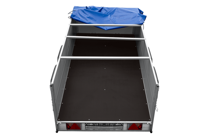 Tweeassige aanhanger met aluminium zijwanden 264x125 Unitrailer Garden 264/2 KIPP ALU met BIS-zijwanden, H-0 frame en blauwe afdekking