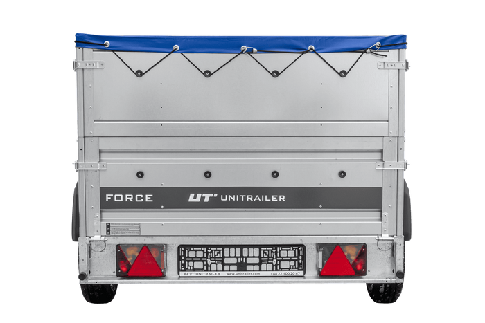 Lichte aanhanger 230x125 UNITRAILER FORCE 230 KIPP met BIS-zijwanden, H-0 frame en blauwe afdekking