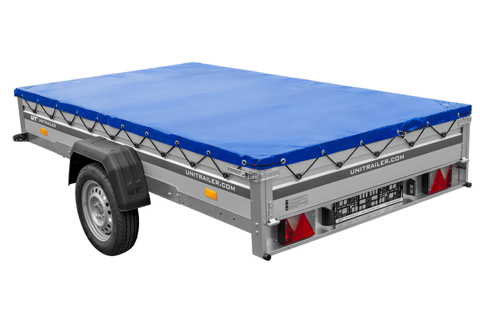 Autoaanhanger met aluminium zijwanden 264x150 Unitrailer Garden 265 KIPP ALU met H-0 frame en blauwe afdekking