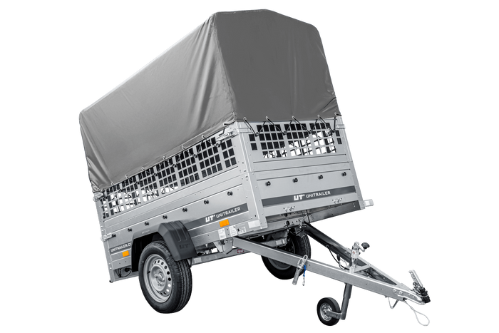 Autoaanhanger 200x106 UNITRAILER GARDEN 200 KIPP met gaaswanden, H-800 frame en grijze afdekking