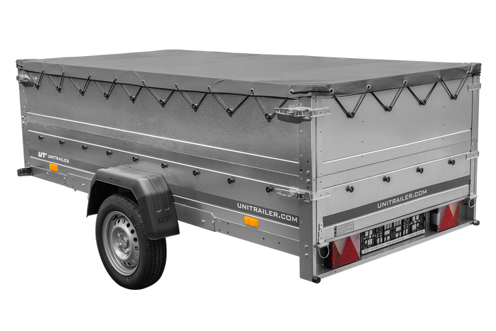 Enkelassige aanhangwagen op veren 264x125 UNITRAILER GARDEN 264/R KIPP met BIS zijwanden, H-0 frame en grijs zeil