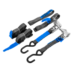 Set van twee HILLS 3m/25mm/1t transportbanden met spanmechanisme en twee 0,45m riemen voor het vastzetten van de motorfiets.