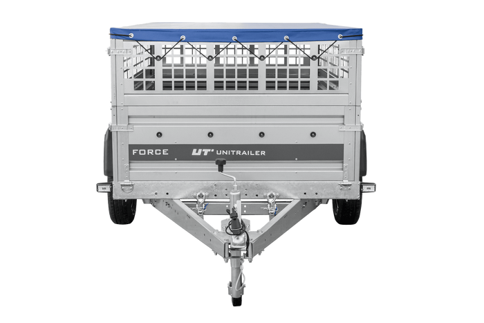 Enkelassige aanhanger 230x125 UNITRAILER FORCE 230 KIPP met gaaswanden, H-0 frame en blauwe afdekking.