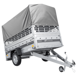 Enkelassige aanhanger 230x125 UNITRAILER FORCE 230 KIPP met gaaswanden, H-800 frame en grijze afdekking.