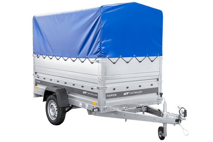 Enkelassige aanhanger op veren 230x125 UNITRAILER FORCE 230/R KIPP met BIS-zijwanden, H-800 frame en blauwe afdekking