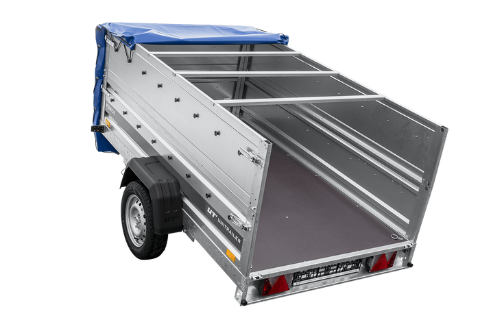 Autotransportaanhanger op veren 230x125 UNITRAILER FORCE 230/R KIPP met BIS-zijwanden, H-0 frame en blauwe afdekking