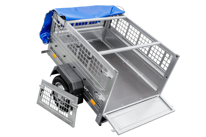 Autoaanhanger 150x106 UNITRAILER GARDEN 150 KIPP met gaaswanden en blauwe hoes