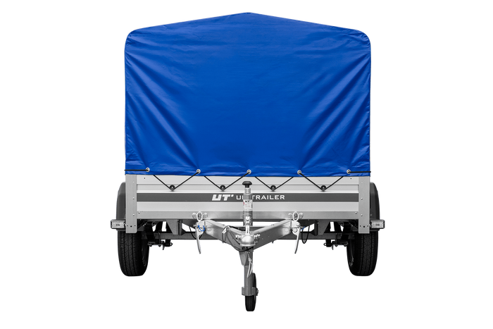 Autoaanhanger op veren met aluminium zijwanden 200x125 Unitrailer Garden 201/R KIPP ALU met H-800 frame en blauwe afdekking