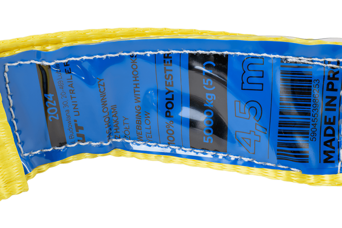 Sleepkabel met haken UNITRAILER sleepband 4,5m/50mm/5t geel