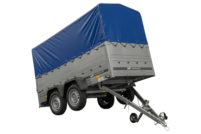 Twee-assige aanhanger 264x125 UNITRAILER GARDEN 264/2 KIPP met BIS zijwanden, H-800 frame en blauwe kap