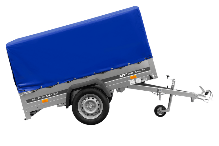 Enkelassige aanhangwagen op veren 200x125 UNITRAILER GARDEN 201/R KIPP met H-800 frame en blauw dekzeil