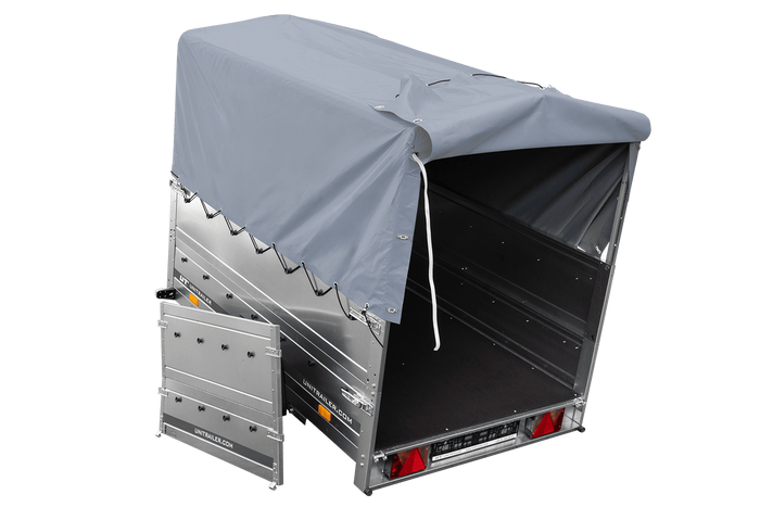 Lichte aanhangwagen op veren 200x125 UNITRAILER GARDEN 201/R KIPP met BIS zijwanden, H-800 frame en grijze afdekking