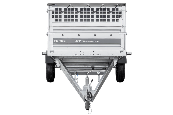 Enkelassige aanhanger 264x125 UNITRAILER FORCE 264 KIPP met gaaswanden, H-0 frame en grijze afdekking