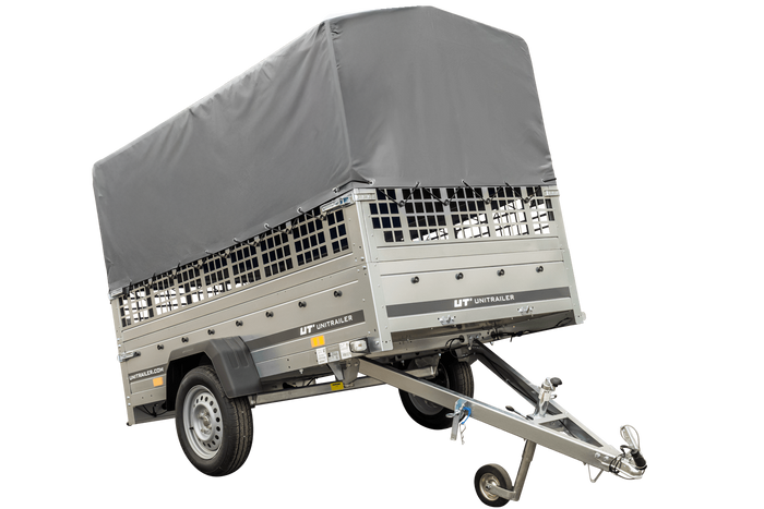 1-assige kiepwagen 230 x 125 Garden Trailer 230 KIPP met mesh boordwanden en H-800 frame met grijze kap