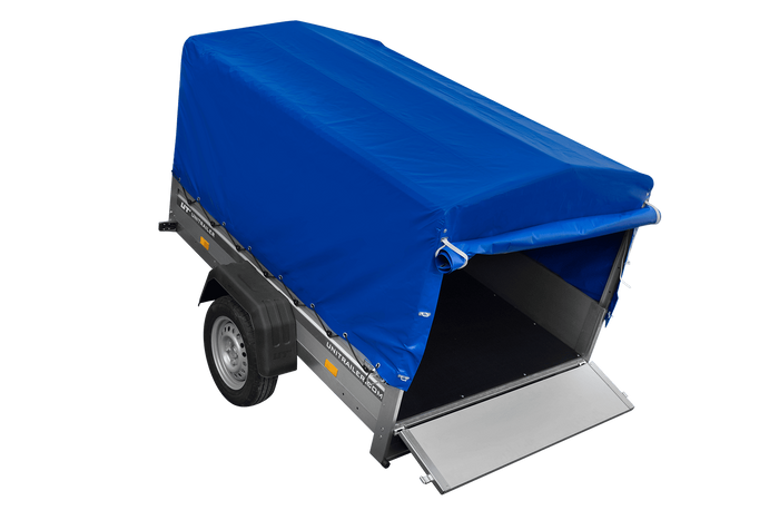 Enkelassige aanhanger met aluminium zijwanden 200x125 Unitrailer Garden 201 KIPP ALU met H-800 frame en blauwe afdekking