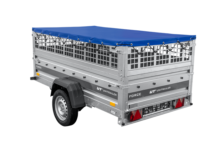 Lichte aanhanger op veren 230x125 UNITRAILER FORCE 230/R KIPP met gaaswanden, H-0 frame en blauwe hoes