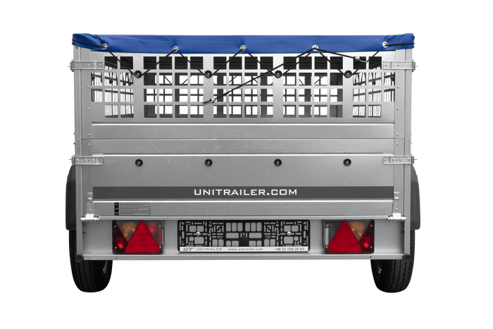 Enkelassige aanhanger 200x125 UNITRAILER GARDEN 201 KIPP met gaaswanden en blauwe afdekking