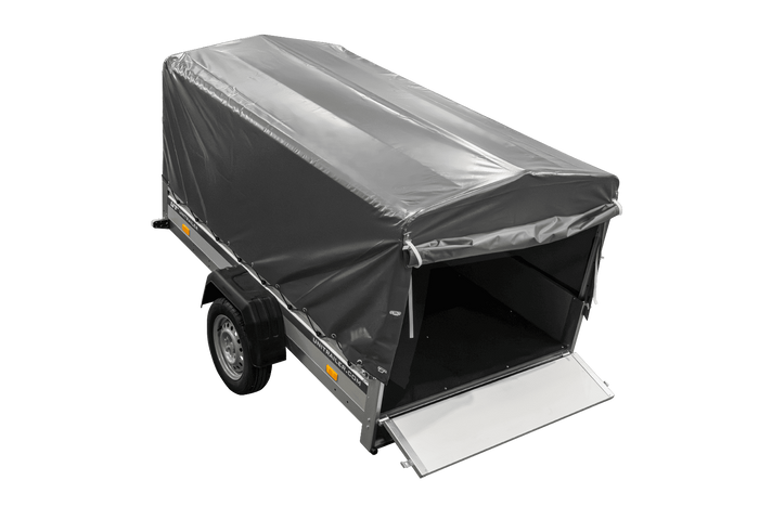 Enkelassige aanhanger met aluminium zijwanden 230x125 Unitrailer Garden 230 KIPP ALU met H-800 frame en grijze afdekking