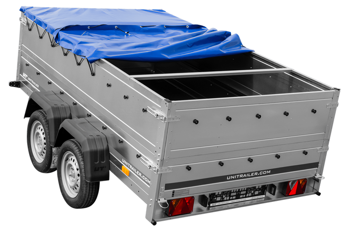 Tweeassige aanhanger 264x150 UNITRAILER GARDEN 265/2 KIPP met BIS-zijwanden, H-0 frame en blauwe afdekking