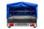 Enkelassige aanhanger op veren 264x150 UNITRAILER GARDEN 265/R KIPP met H-800 frame en blauwe afdekking