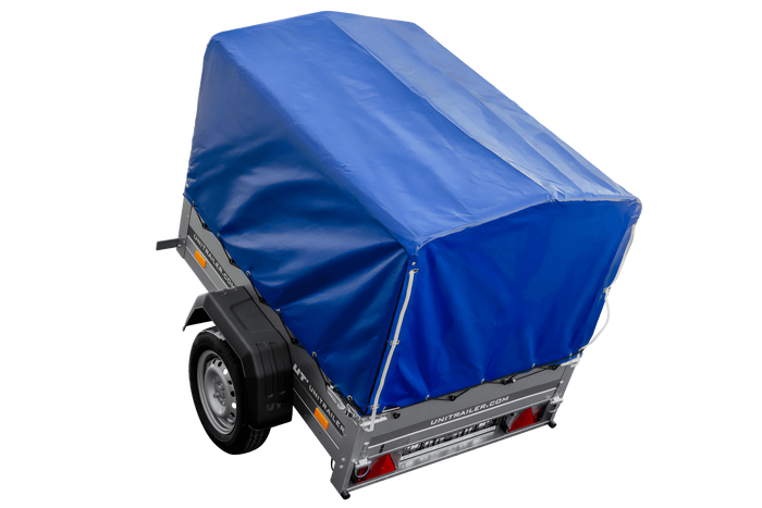 Lichte aanhangwagen Garden Trailer 150 KIPP met afmeting van 150x106 met blauwe zeil en huif MTM 750 KG 