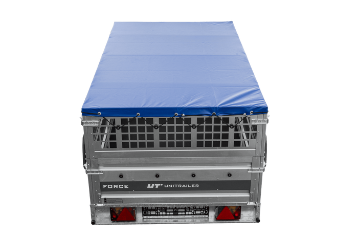 Enkelassige aanhanger 230x125 UNITRAILER FORCE 230 KIPP met gaaswanden, H-0 frame en blauwe afdekking.
