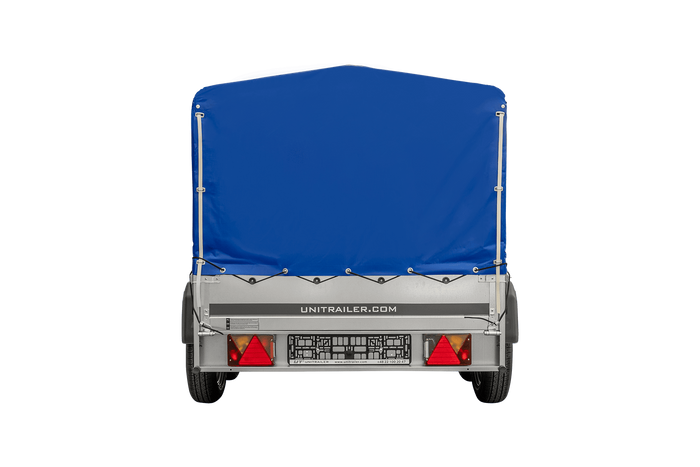 Twee-assige aanhanger 264x125 UNITRAILER GARDEN 264/2 KIPP met H-800 frame en blauwe afdekking