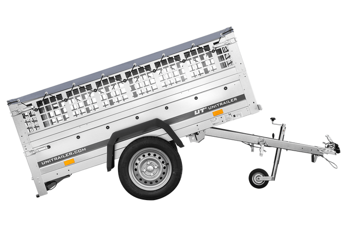Enkelassige aanhanger 200x106 UNITRAILER GARDEN 200 KIPP met gaaswanden en grijs dekzeil