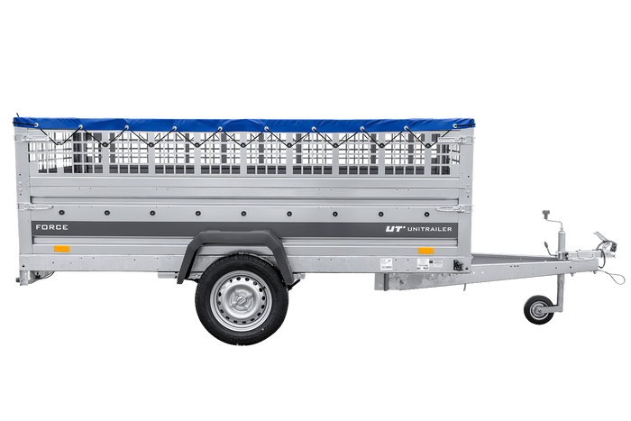 Enkelassige aanhanger op veren 264x125 UNITRAILER FORCE 264/R KIPP met gaaswanden, H-0 frame en blauw dekzeil