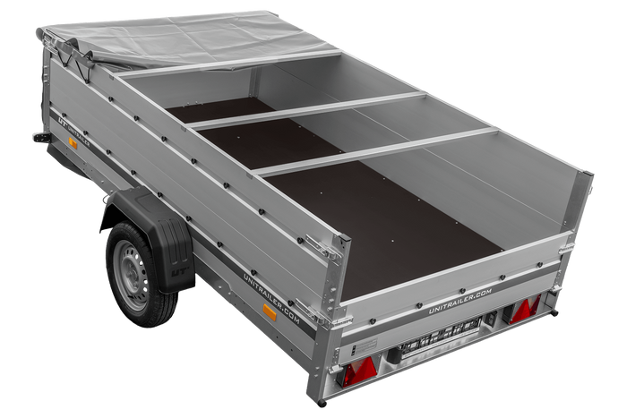 Enkelassige aanhanger met aluminium zijwanden 264x150 Unitrailer Garden 265 KIPP ALU met BIS-zijwanden, H-0 frame en grijze afdekking
