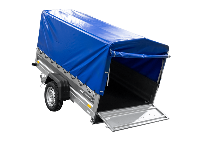 Autotransportaanhanger op veren 230x125 UNITRAILER FORCE 230/R KIPP met H-800 frame en blauwe afdekking
