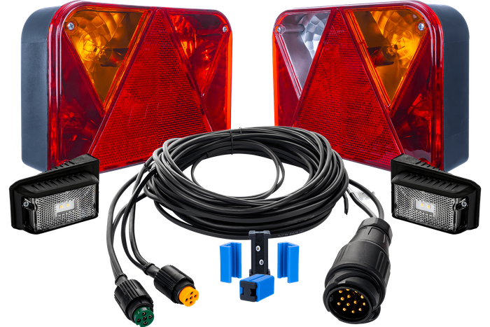 Verlichtingsset: DOBPLAST achterlichten + DOBPLAST LED markeringslichten + MANTES 5,5m 13-polige kabelboom + snelkoppelingen