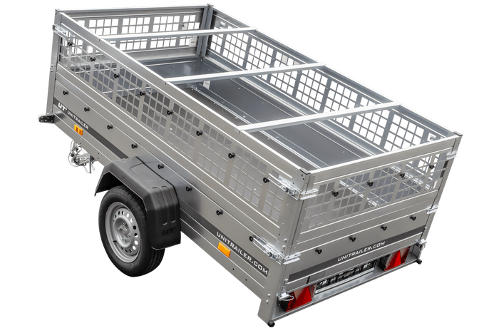 Kipper aanhanger voor personenauto Unitrailer GARDEN TRAILER 230 KIPP met steunwiel, gaaszijwanden en grijze vlakke afdekking op frame