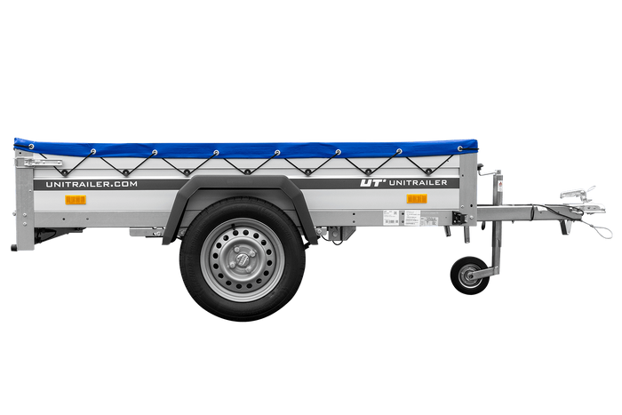 Enkelassige aanhanger op veren met aluminium zijwanden 200x125 Unitrailer Garden 201/R KIPP ALU met H-0 frame en blauwe afdekking