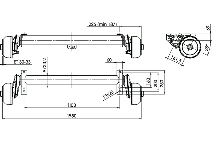 AL-KO COMPACT geremde as voor aanhanger/drager 1350kg 1100mm 1550mm 5x112