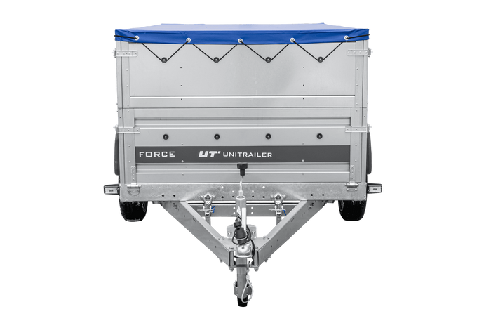 Lichte aanhanger 230x125 UNITRAILER FORCE 230 KIPP met BIS-zijwanden, H-0 frame en blauwe afdekking